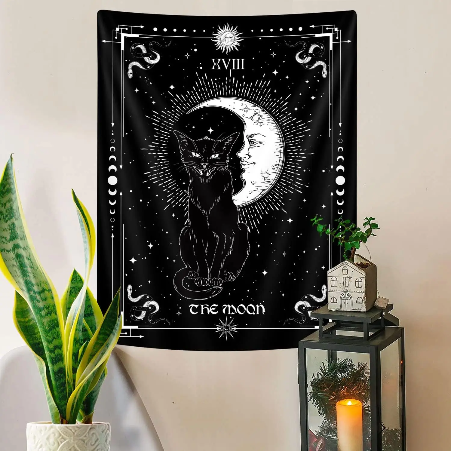

Gothic Black Cat Vertical Wall Hanging - Witchy Black and White Tarot Card Wing Bat Cat Cool Tapestry for Men