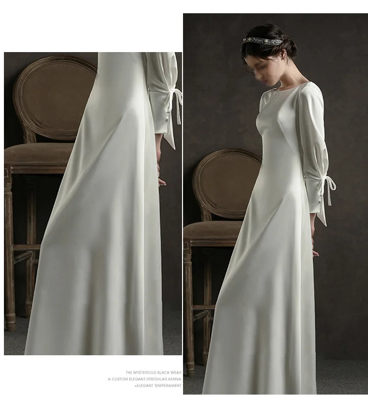 2022 Simple Wedding Dress Photo-Shooting Satin Sheath 웨딩드레스 Vintage Gown Bridal Long Sleeve Boat Neck Backless ウエディングドレス Women