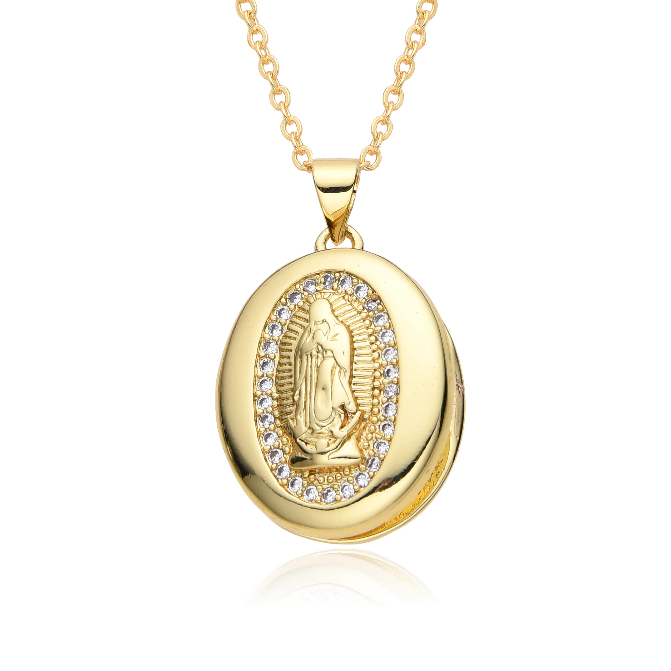 Gold Color Oval Guadalupe San Judas Jesus Charms Cubic Zirconia Open Closed Photo Box Necklace for Women Choker Pendant Jewelry