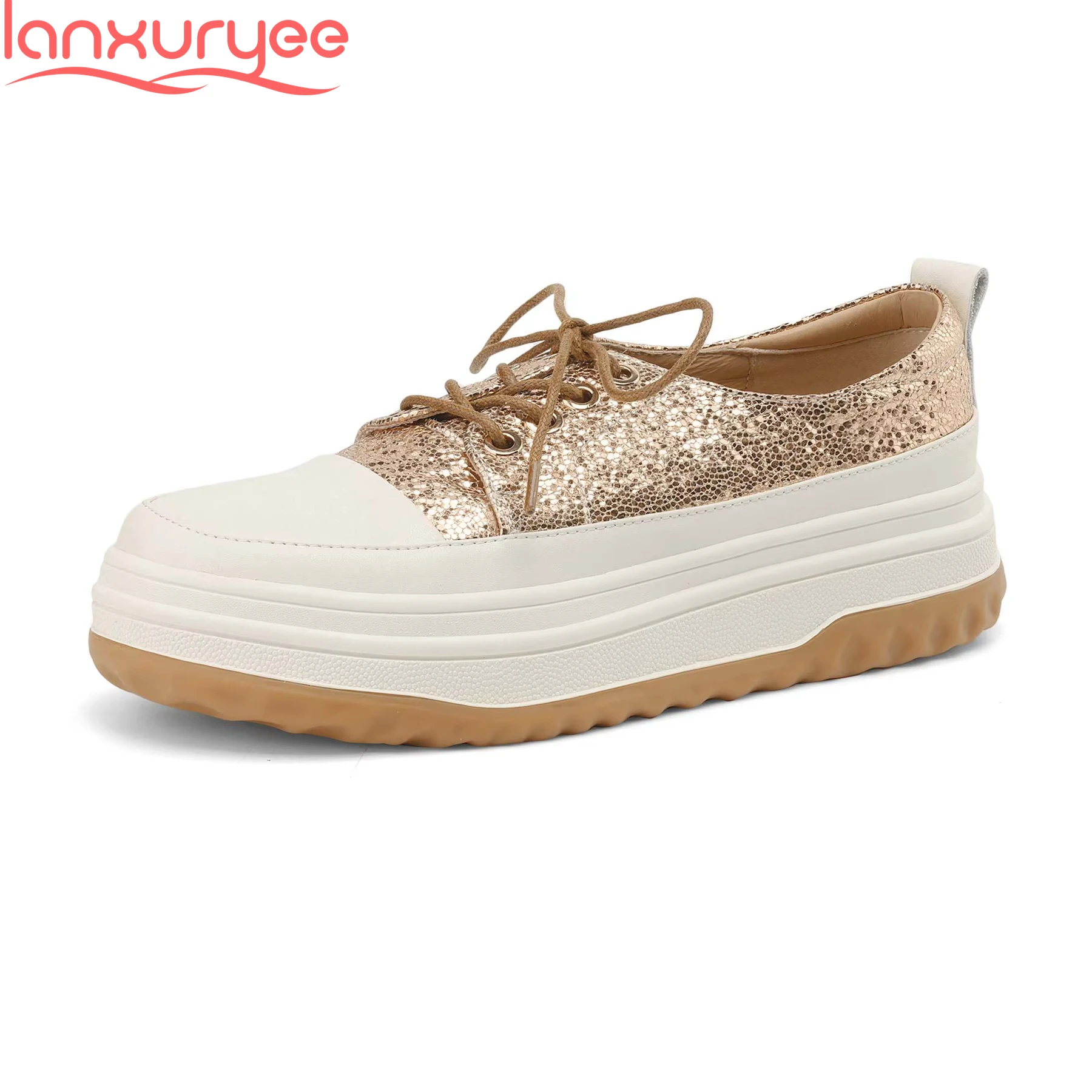 

Lanxuryee кроссовки из коровьей кожи на шнуровке с круглым носком, шикарные лоферы, повседневная вулканизированная обувь, брендовая спортивная обувь на платформе, студенческие женские туфли на плоской подошве