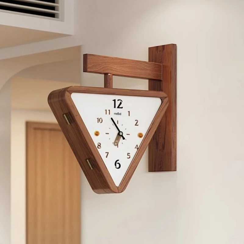 

Solid Wood Double-Sided Wall Clock Creative Triangle Timepiece Silent Modern Wall Decor Minimalist Geometric Living Room Clock
