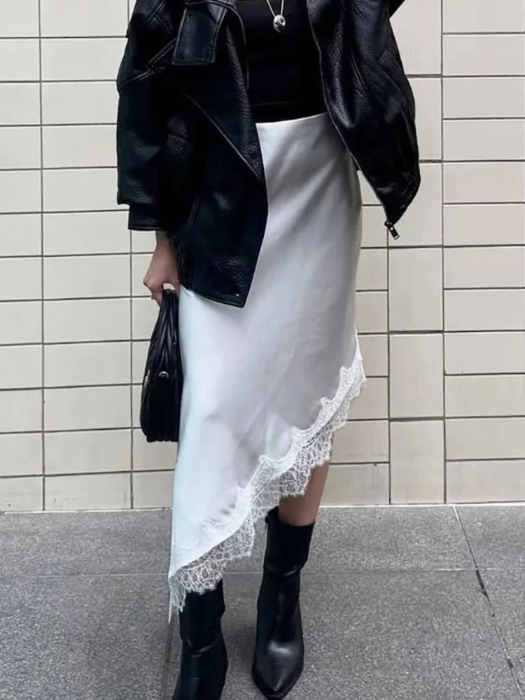 

Женская атласная юбка миди с кружевом и асимметричным подолом, элегантная юбка, новинка весна-лето 2026, облегающая модель