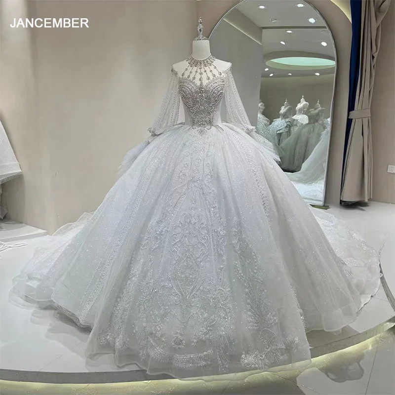 

Изысканные свадебные платья Бальное платье Свадебные платья Кружева с длинными рукавами и круглым вырезом Халат для вечеринки со шлейфом Vestidos De Novia На заказ