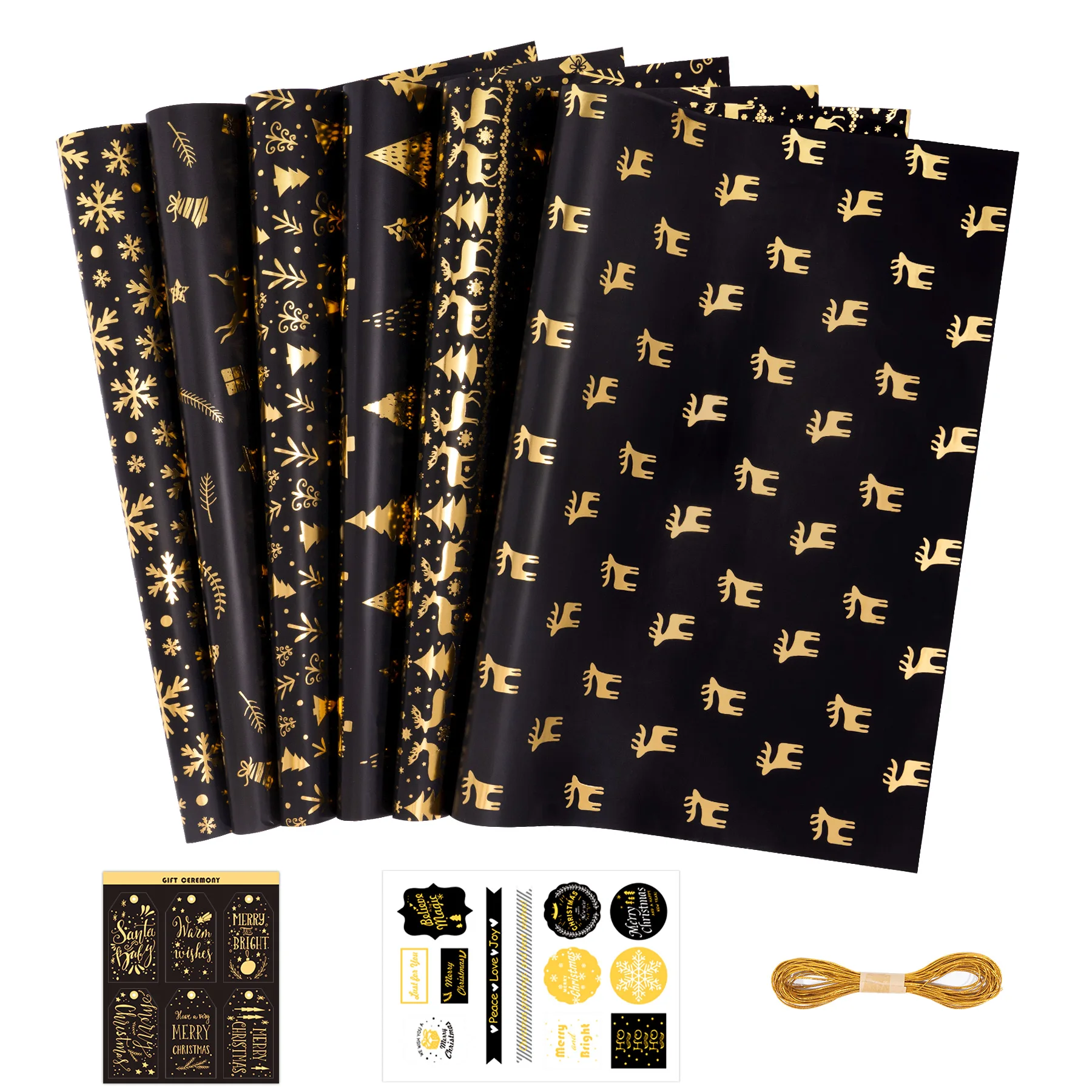 Larcenciel Christmas Wrapping Paper Set, Metallic Black and Gold Holiday Gift Wrapping Paper, Christmas Tree Snowflake Deer Glit