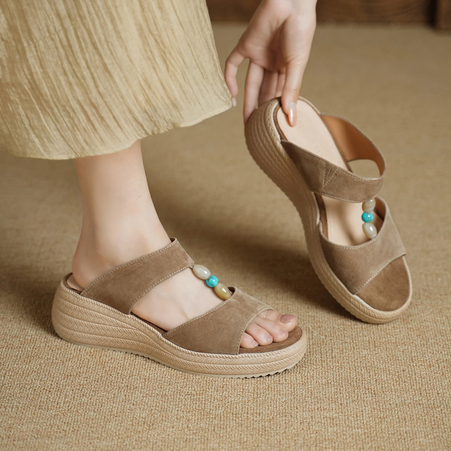2026 new summer women sandals natural leather 22-24.5cm kid suede+cowhide+pigskin t-strap mules high heel women slippers fashion