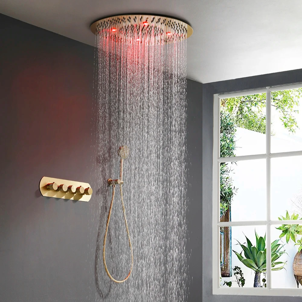 23.6 Inch Round Canopy Ceiling Concealed Shower Set, Suspended Ceiling Recessed Russ Gold, LED Light, Thermostatic Top  Bathroom
