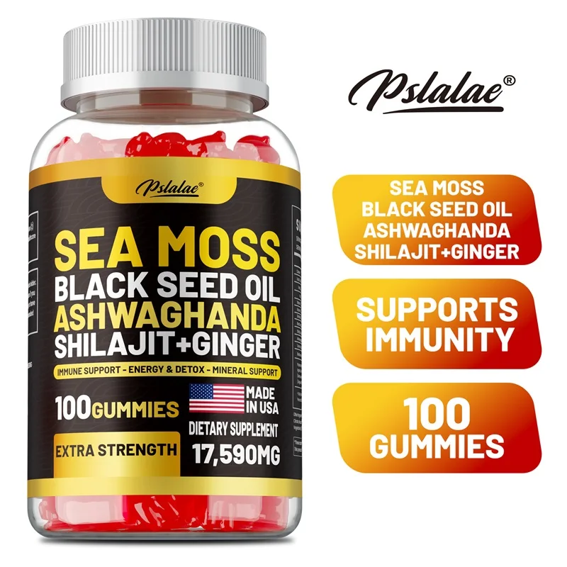 

Dietary Supplement with Sea Moss, Black Seed Oil, Ashwagandha & Ginger - Helps Skin Health, Immune Support, Improve Sleep & Mood