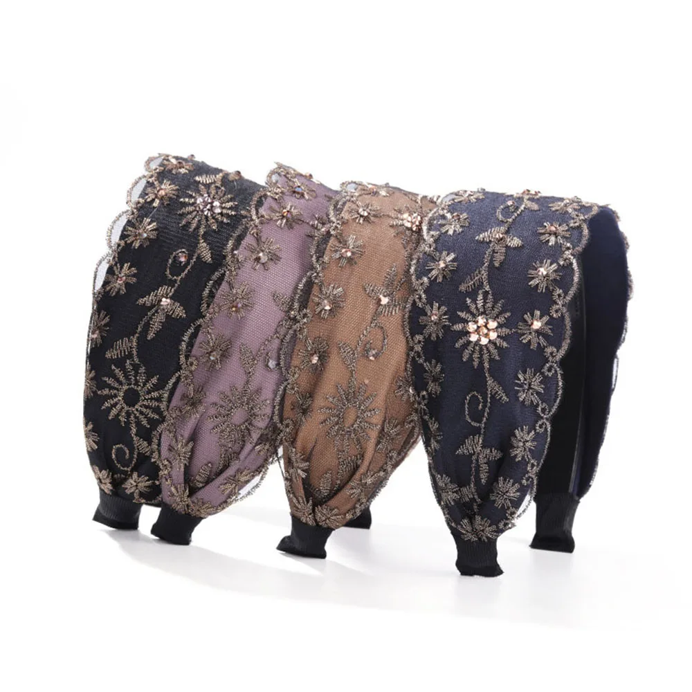 Темперамент, модный женский кружевной корейский стиль, головной убор с цветком, повязка для волос с вышивкой, повязка на голову с широкими краями и кристаллами