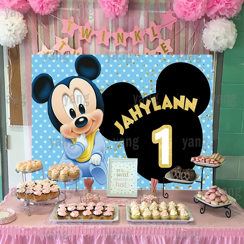 Lovely Custom Cartoon Disney Baby Mickey Mouse Cute Dots First Birthday Party Decoration Blue Backdrop Photography Background