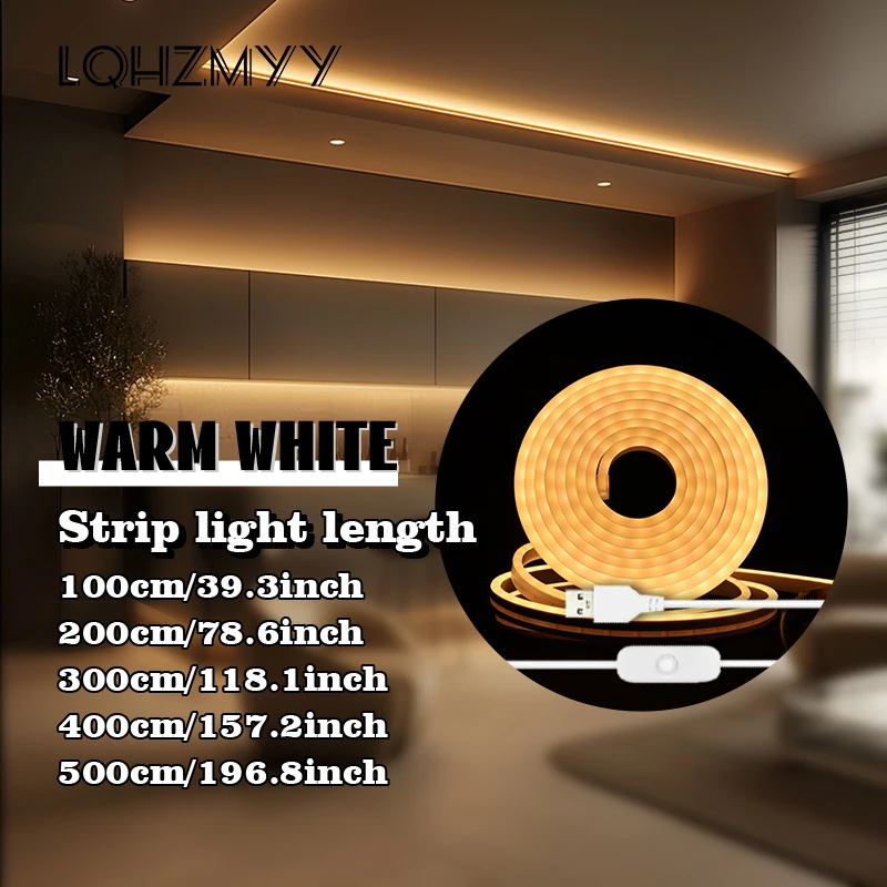 1 Led Flexible Neon Light Strip with Low Voltage 5V and Button Switch, USB Powered, White/Warm Light, 1M/2M/3M/4M/5M, Suitable for Live Streaming, Bedroom Lighting, Cabinet Lighting, Bathroom Mirrors, Kitchens, Dining