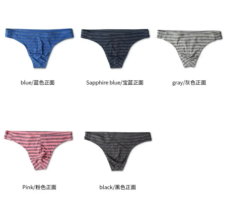 Men\'s T-Back Thong Underwear Sexy Ice Silk Low Waist Designer Striped Briefs One-Piece Style for Young Men