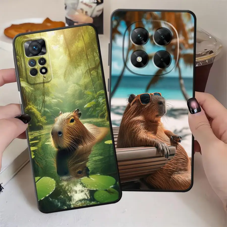 Чехол для Xiaomi Redmi Note 10S 13 14 Pro Plus 11s 9S 9 10 11 12 Pro 12s 7 8 Черный Мягкий чехол для телефона Cute Capybara