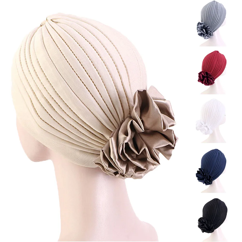 

New Women Big Flower Turban Forehead Crossing Chemo Cap Muslim Instant Hijab Scarf Islamic Bonnet Hat Beanie Hair Loss Pleated