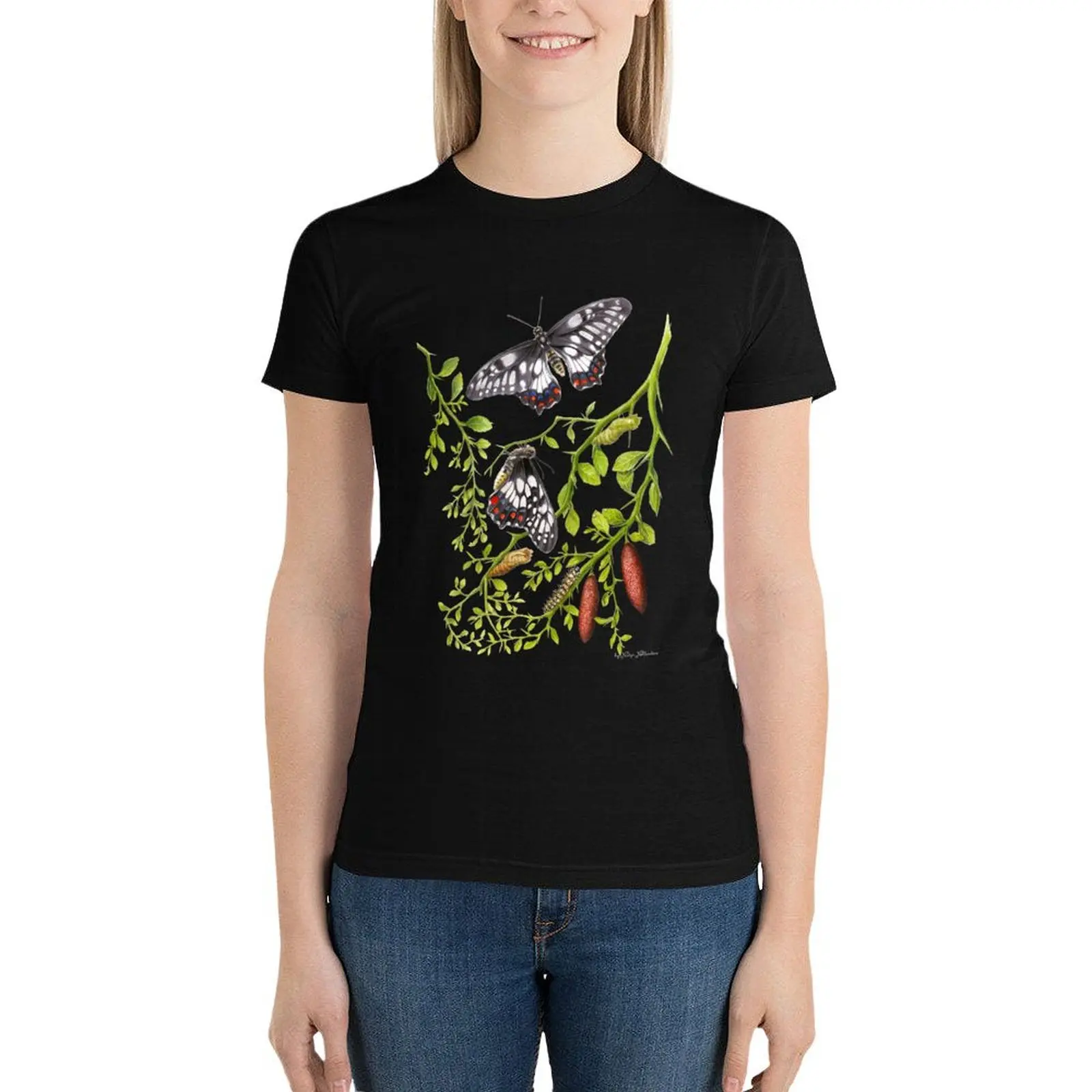 Dainty Swallowtail Butterfly Life Cycle on Native Lime - Dark Background T-Shirt sports fans Woman T-shirts