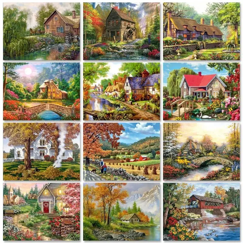 

GATYZTORY Oil Painting By Numbers On Canvas Countryside Scenery For Adults Coloring By Numbers Handicrafts Wooden House Paint Ki