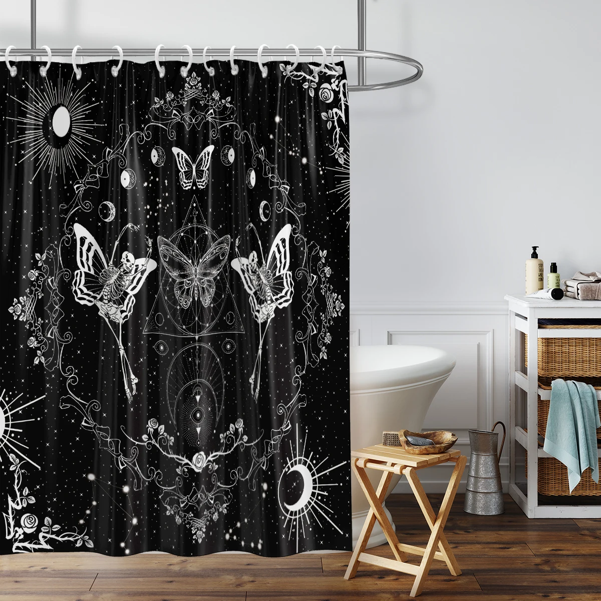 1PC skull and butterfly, Gothic style shower curtain, waterproof, washable, with 12 hooks, bathroom shower, bathtub, home use