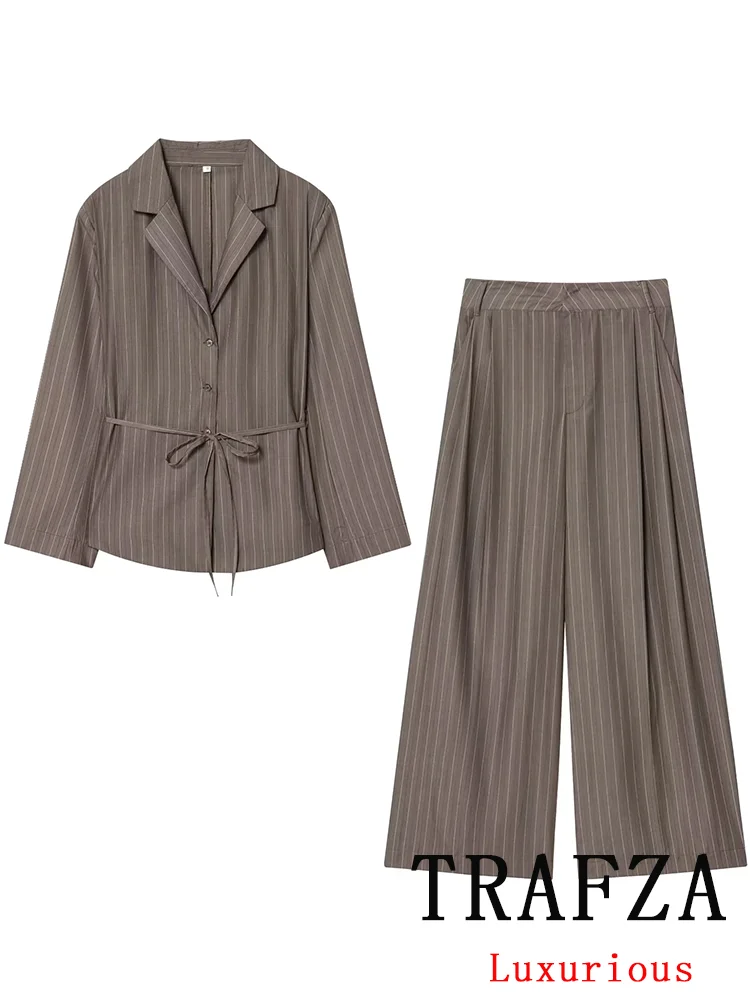 KONDALA Office Lady Chic Bruine Pakken V-hals Gestreepte Losse Blazer Hoge Taille Wijde Pijpen Broek Mode 2025, Herfst Casual Damespakken