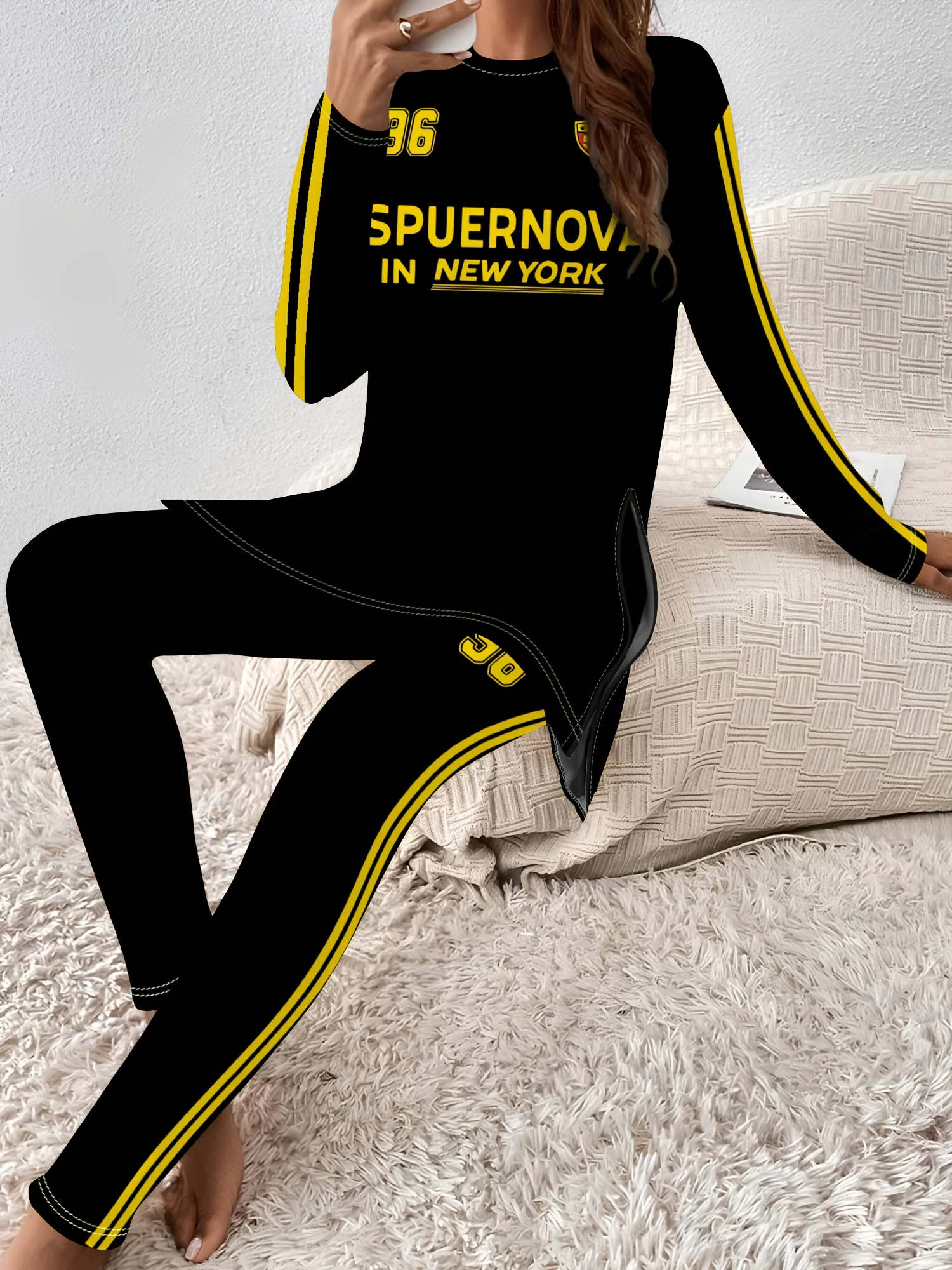 

Брюки женские повседневные с принтом, коллекция Весна-Осень, черные, с буквенным принтом