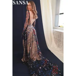 Sansa Gothic Black Flower Prom Dress 2024 Lace Embroid A-line Vestidos De Noche Open Back Puffy Sleeve Graduation Ball Dress