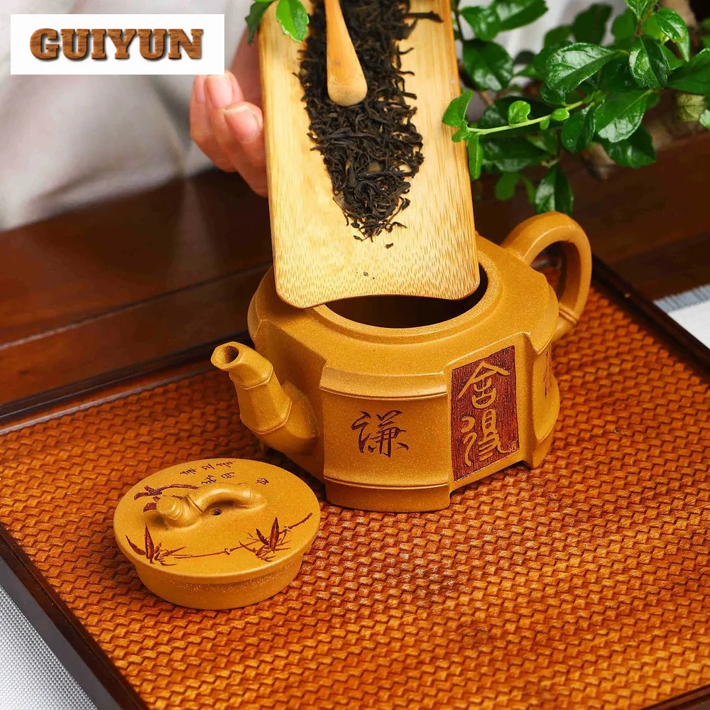 210ml Yixing Purple Clay Teapots Hand-carved bamboo Tea Pot Raw Ore section Mud Beauty Tea Infuser Kettle Chinese Zisha Tea Set