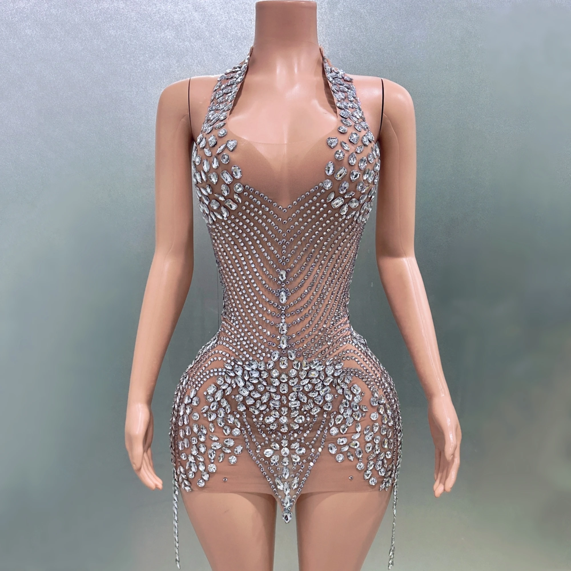 High Quality Women Sexy Halter Crystal Bodycon Mini Dress Celebrate Nightclub Party Performance Birthday Photo Shoot Dress