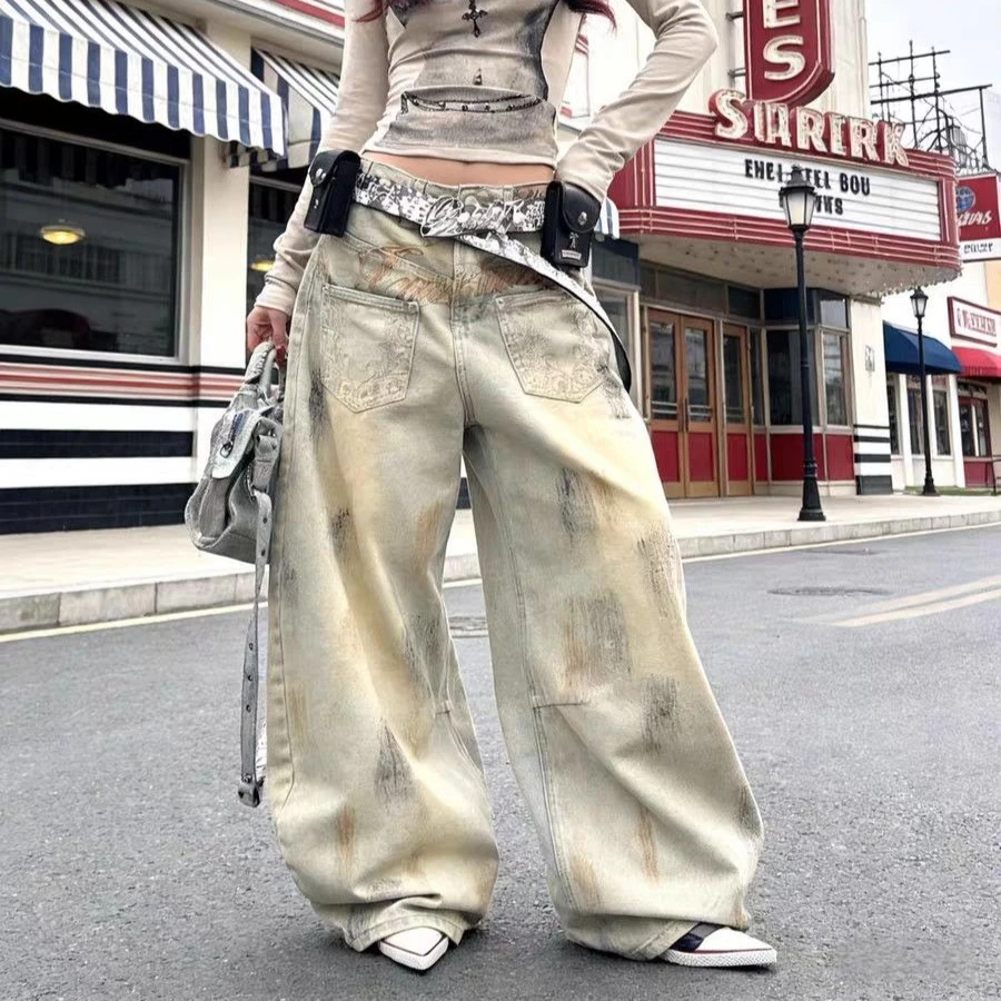 Women's Front Pocket Design Wide Legs Dirty Jeans Street Pants Unisex Denim Trousers Female High Waisted Personality Sweatpants