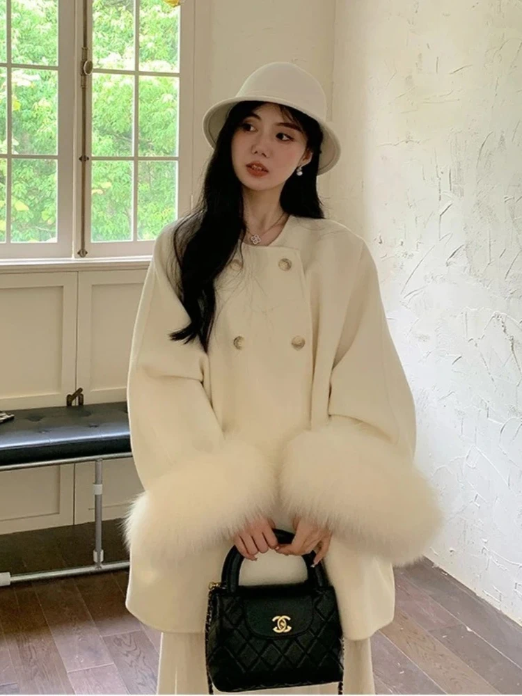 2025 nouveau automne hiver vêtements femmes mi-long col rond véritable fourrure de renard manchette laine veste femme ample chaud cachemire laine manteau