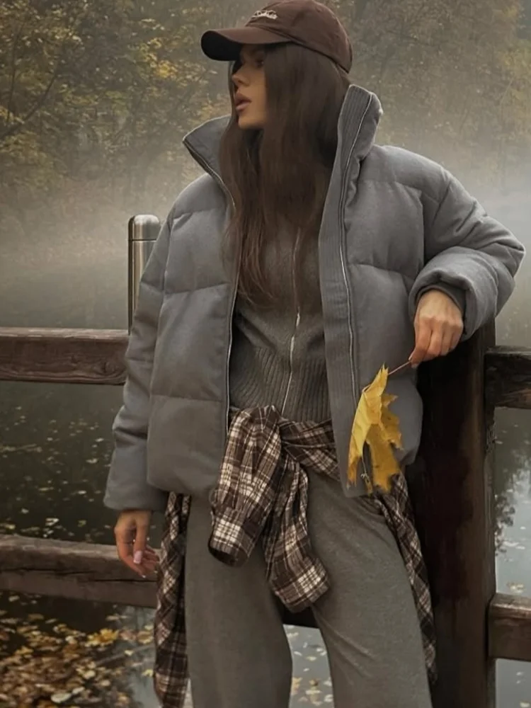 

Женское повседневное однотонное хлопковое пальто с воротником-стойкой и длинными рукавами на молнии, теплая свободная короткая куртка для женщин 2025 года, зимняя уличная верхняя одежда