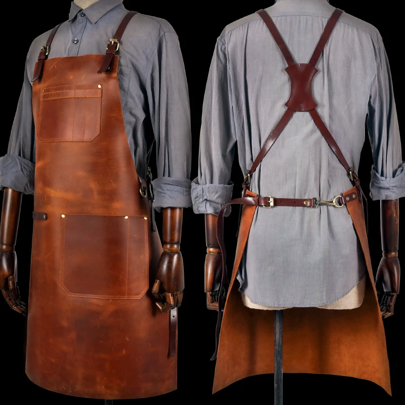 Europe Korea United States PU Leather High Vintage Custom Barbecue Kitchen Chef Baking Pocket Practical Brown Long Apron