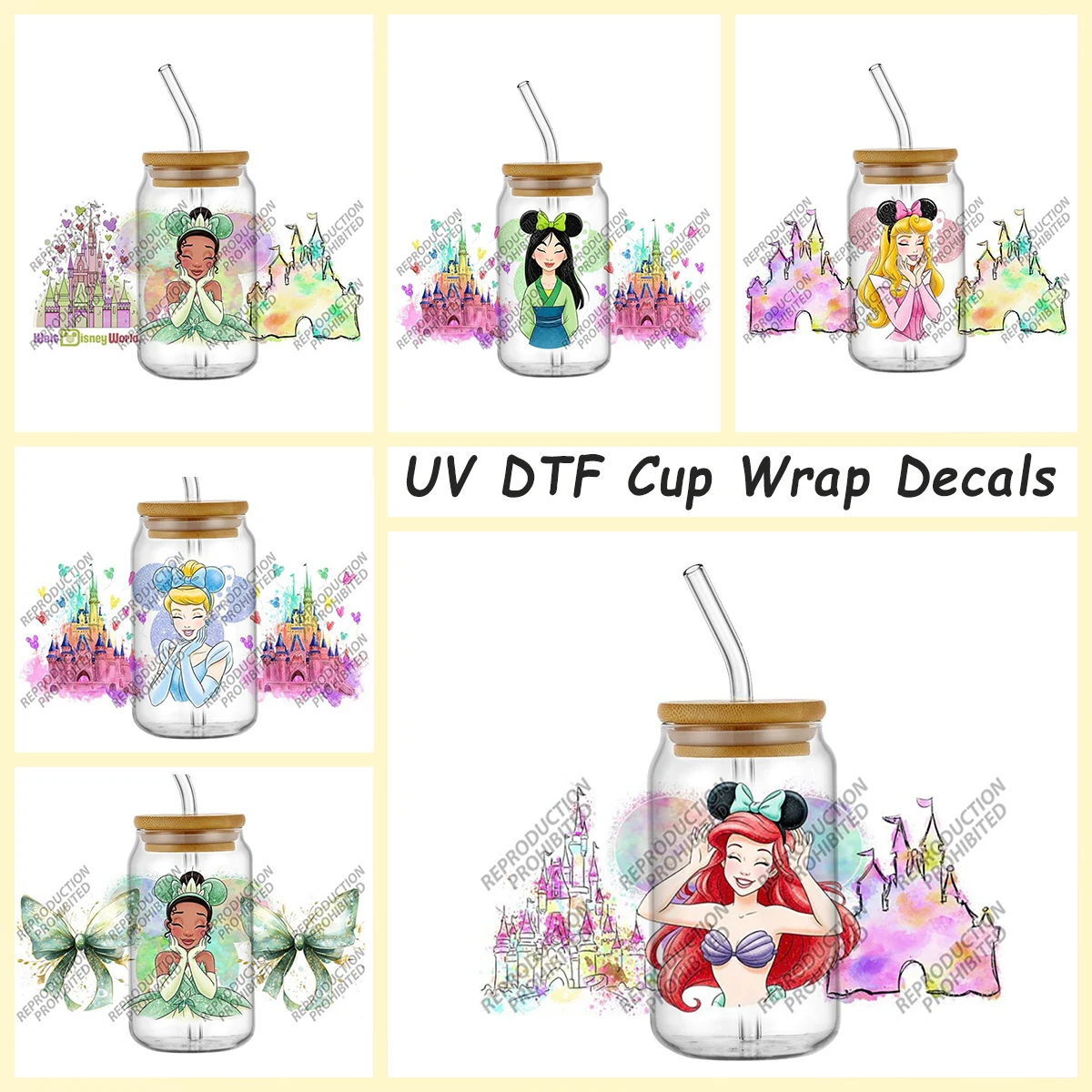 

Princess Series with Castle Watercolor Style UV DTF Transfer Stickers for 16oz Glasses Selfadhesive Decals Easy to Peel