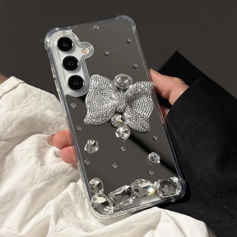 

Bling Diamond Bow Mirror Makeup Case For Samsung Galaxy S25 Ultra S21 S22 S23 FE S24 Glitter Rhinestone Acrylic Shockproof Cover