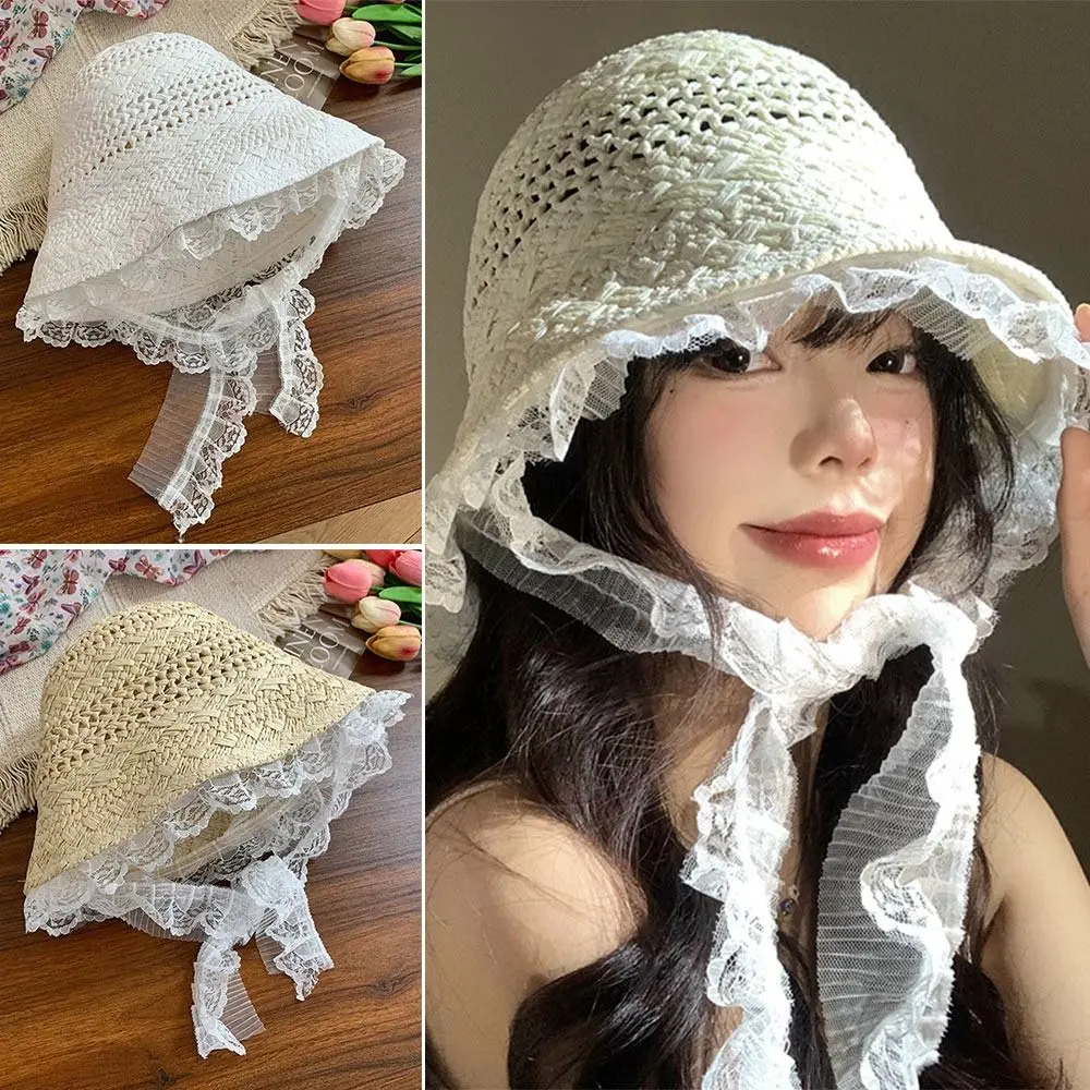 

New Hollow Straw Lace Hat Foldable UPF 50+ Straw Sun Visors UV Protect Sun Protection Sun Cap