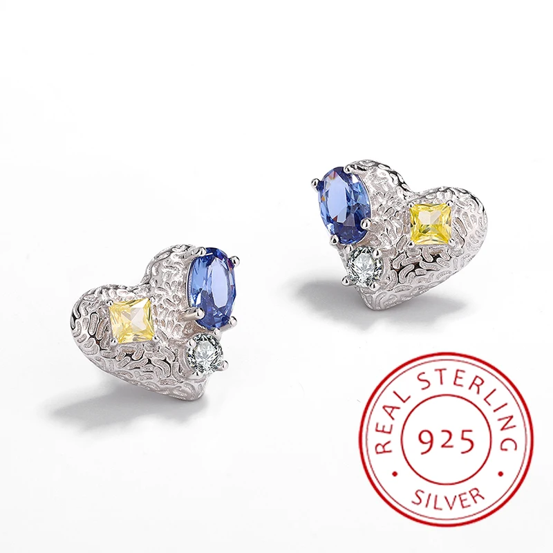 

Creative and Authentic S925 Silver Hip-hop Cool Heart-shaped Colorful Diamond Earrings Women's Jewelry Niche Design