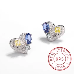 Creative and Authentic S925 Silver Hip-hop Cool Heart-shaped Colorful Diamond Earrings Women's Jewelry Niche Design