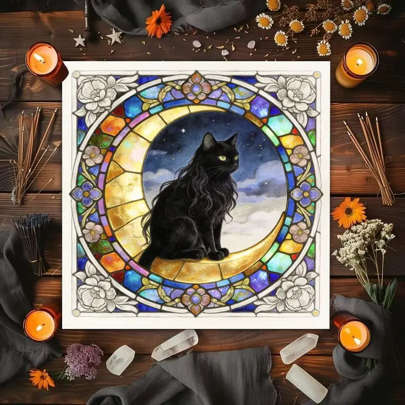 VIKAMA Twelve Constellations Star Chart Sun Moon Black Cat Painted Glass Altar Cloth Tarot Cards Tablecloth Divination Decor