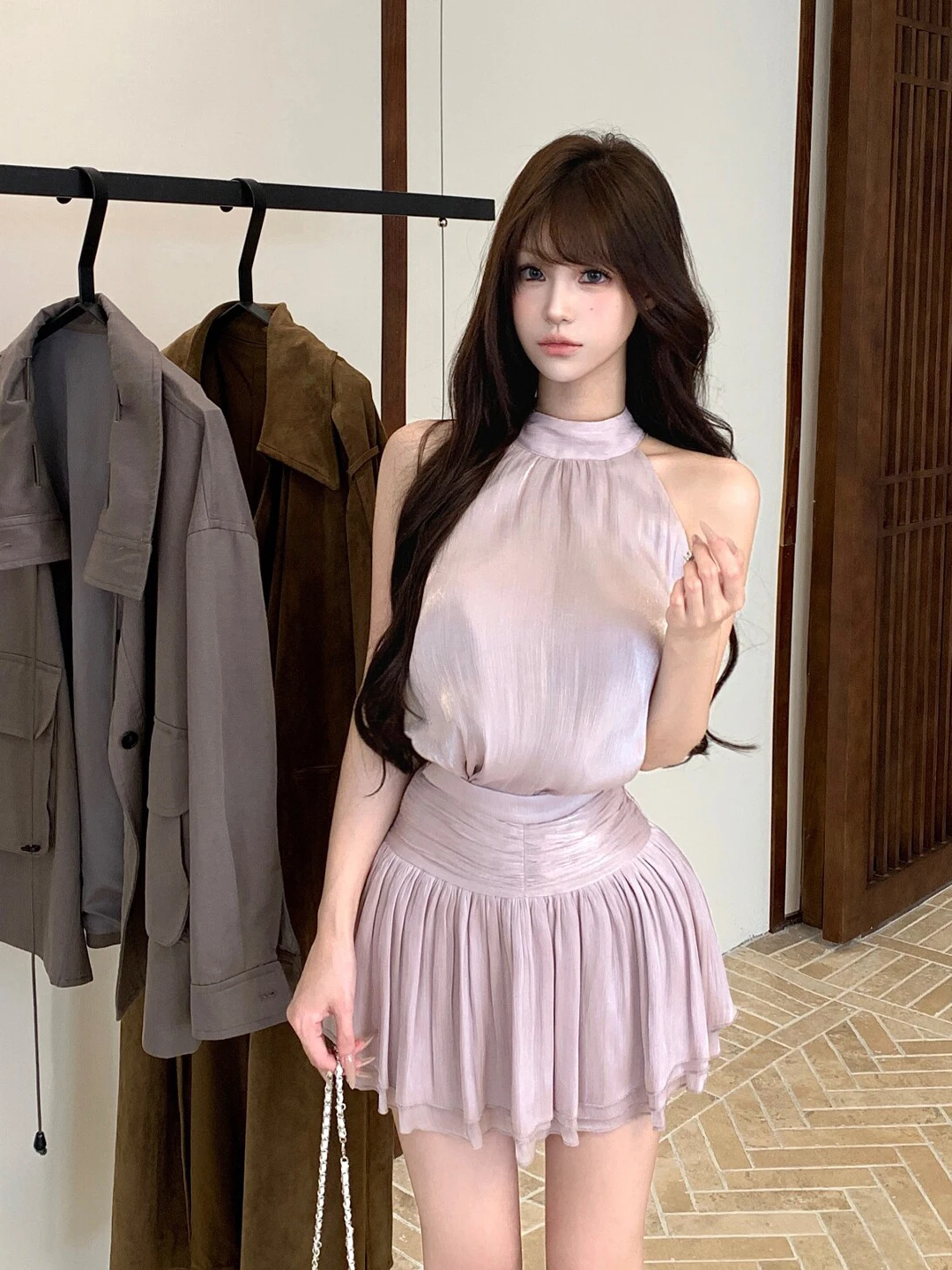 

Youthful Summer Outfit Set Unique Miniature Hanging Neck Top Half Skirt Two-Piece Set Comfortable Cotton Casual Fashion