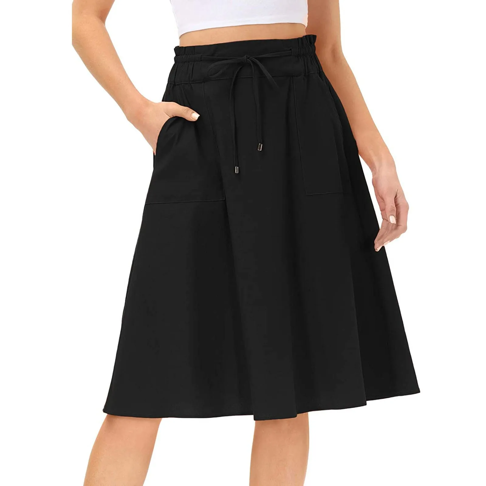 

A-line Skirts Mid Calf Women Elastic Commute High Waist Boho Maxi Skirt Casual Drawstring A Line Long Skirt workwear Casual