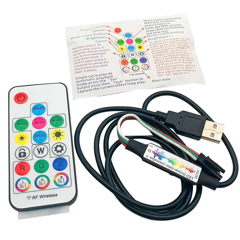 DC5-24V 17Keys Music Led Controller 3Pin Mini RF Remote For WS2812B WS2811 5050 RGB Individually Addressable Strip 358 Modes