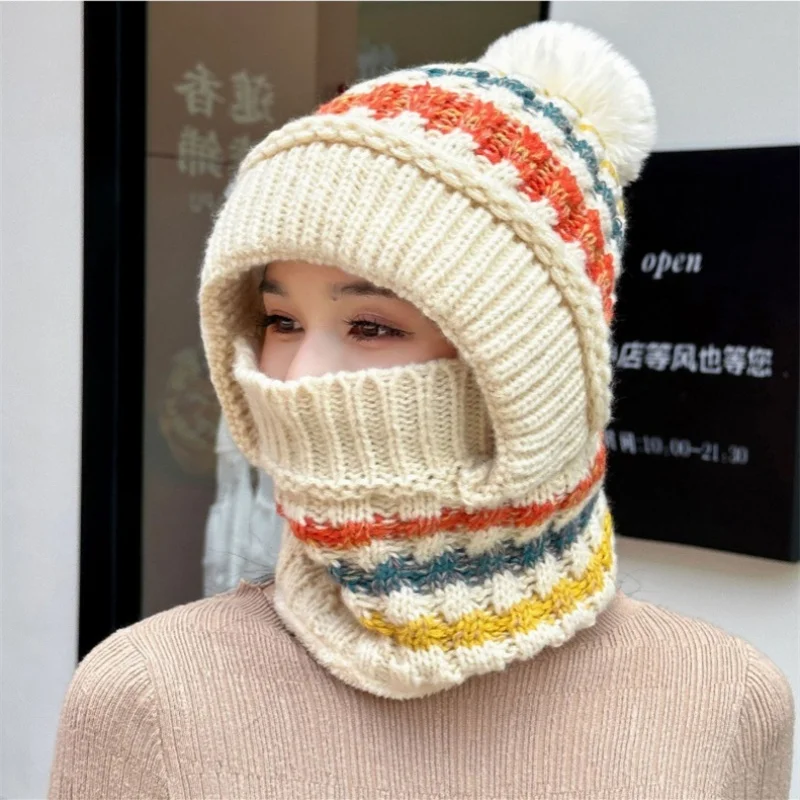 Hat Thickened Knitted Hat Muffler One-piece Hat Women Winter Outdoor Padded Warm One-piece Hat Striped