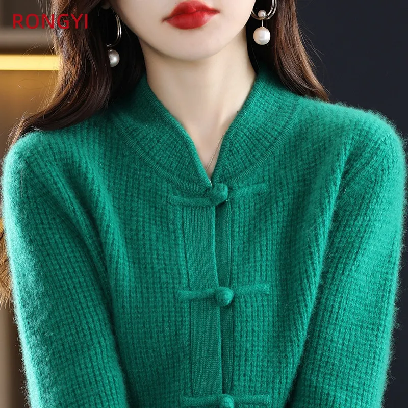 RONGYI 100% Merino Wool Women\'s Buckle Chinese Style Cashmere Cardigan Autumn Winter Warm Solid Color Jacket Top