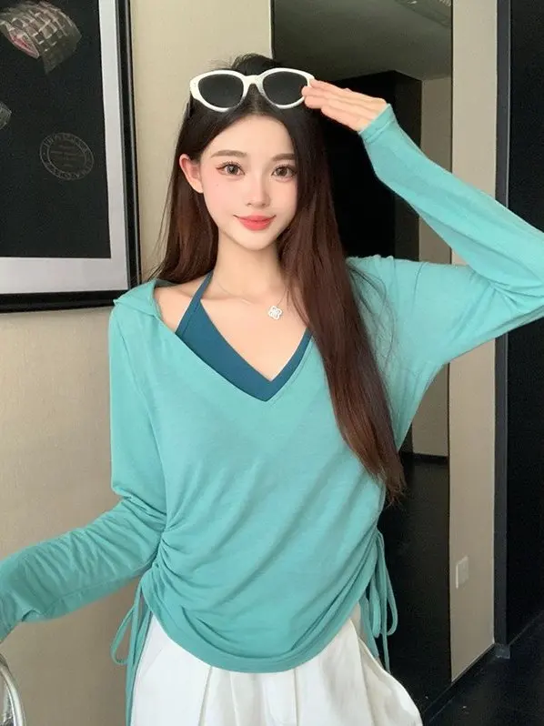 

Женская повседневная толстовка больших размеров, новинка весны, с цветными блоками, длинными рукавами, свободного кроя, из полиэстера, для женщин