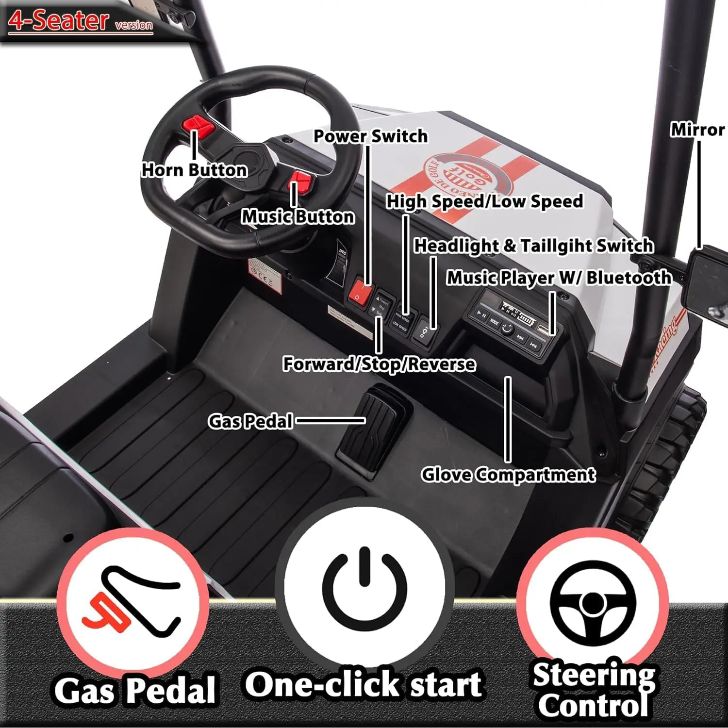 24V Ride On Car with Remote Control 4 Seater Golf Cart 4x4 Electric Ride On Toys for Big Kids Boys Girls, Plastic Roof, EVA Tire