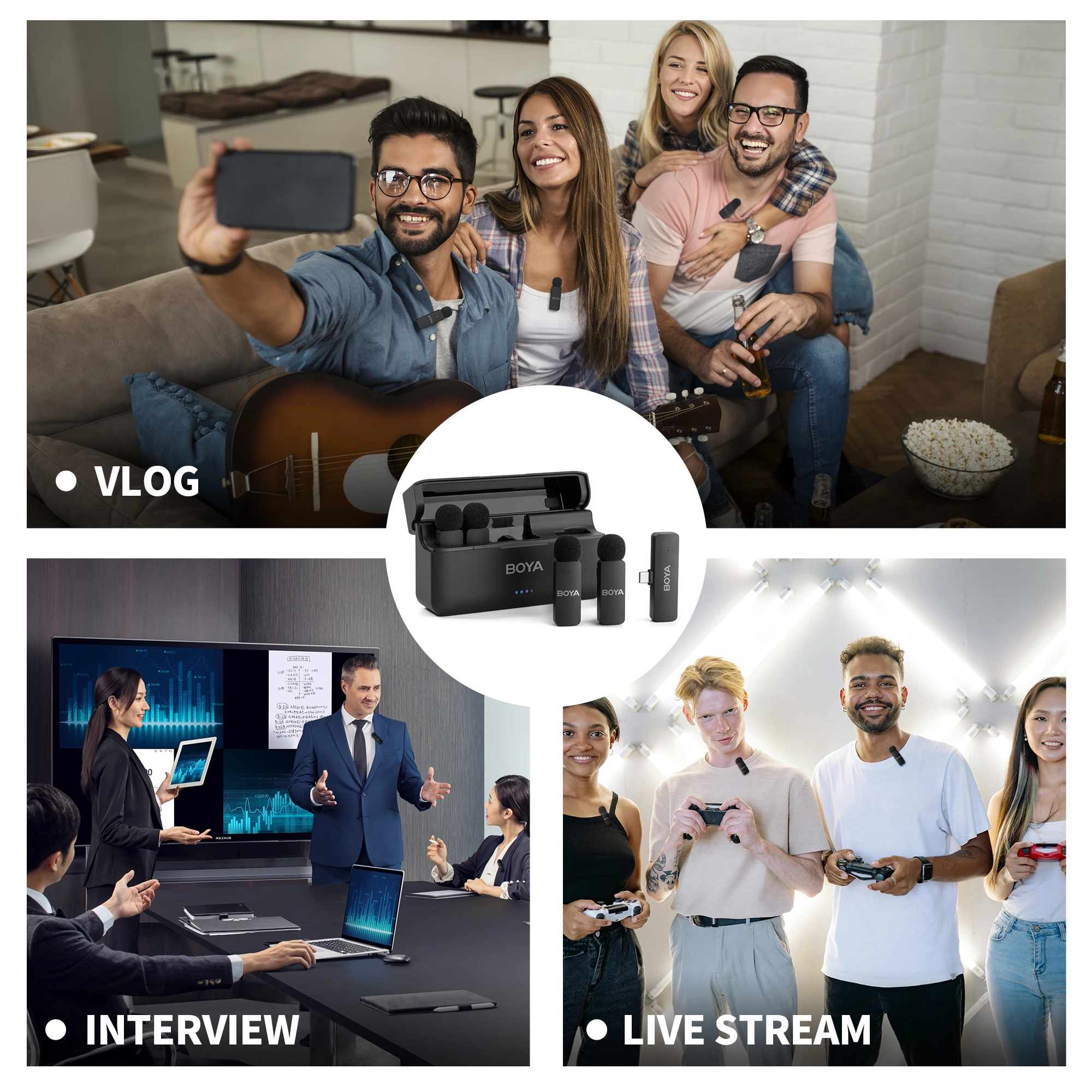 BOYA BY-V4 Wireless Lavalier Lapel Mirophone 4 قطعة ميكروفون إلغاء الضوضاء قابل لإعادة الشحن كاميرا آيفون أندرويد البث المباشر