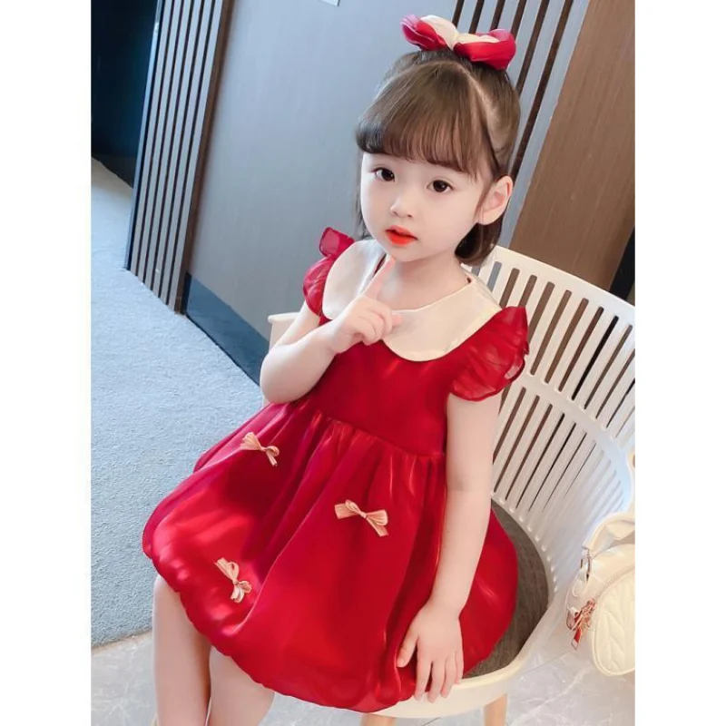 Girls' Flounced Sleeve Dress High-Grade Summer New Western Style Baby Girls' Thin Sleeveless Princess Dress