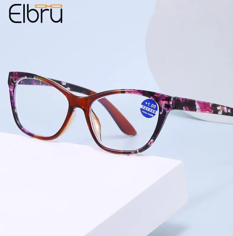 

Elbru Anti Blue Light Reading Glasses Women Men Ultralight Floral Cateye Presbyopia Eyeglasses Computer Goggle Diopters +1to+4