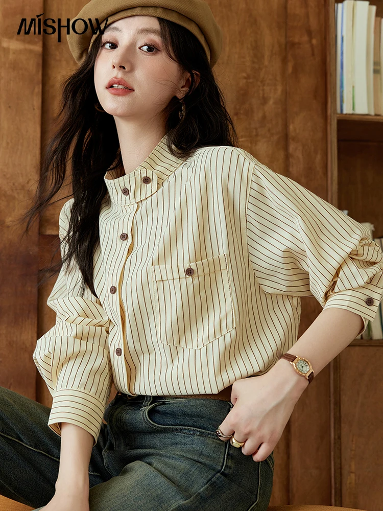 MISHOW French Retro Striped Shirt for Women 2024 Autumn Korean Stand Collar Long Sleeve Top with Pocket Office Lady MXD44C0350