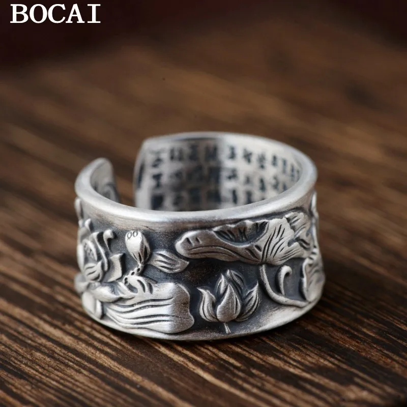 

BOCAI S999 Серебряный Лотос Карп Сердце Сутра Ретро Личность Удачи Регулируемые Кольца Для Мужчин и Женщин
