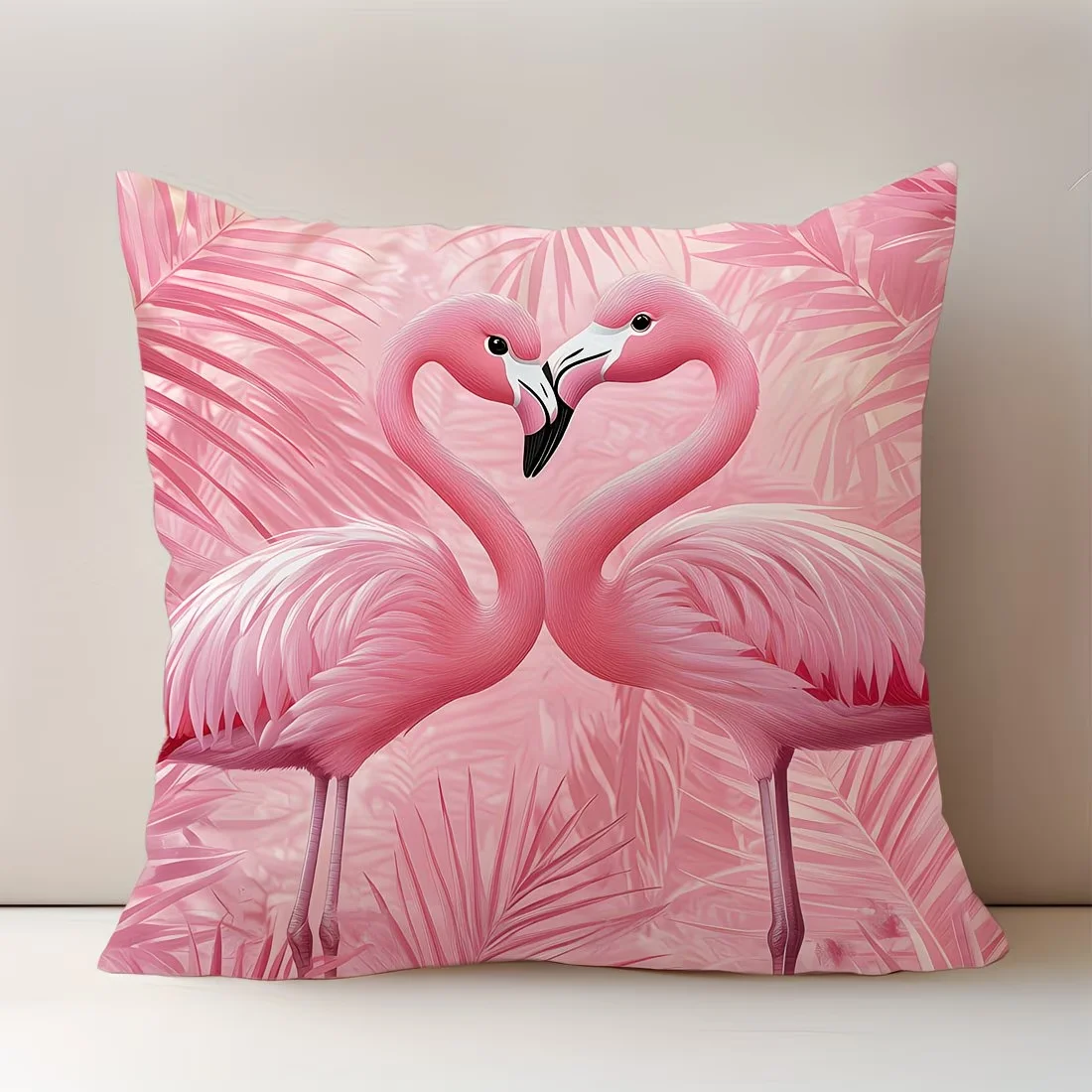 1 housse de coussin imprimée en forme de cœur, thème flamant rose et feuille de palmier, adaptée au canapé, à la chambre à coucher et au salon