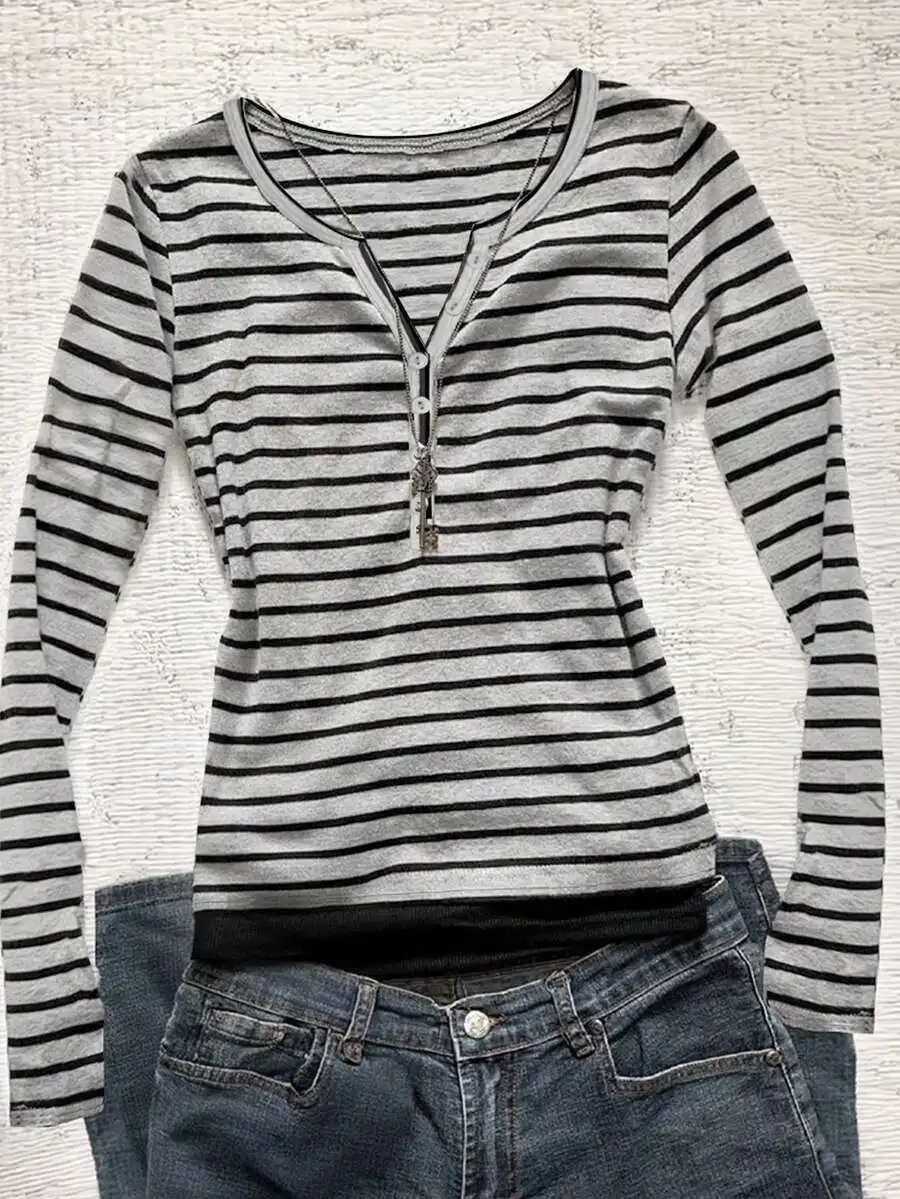 

Women's Striped Long Sleeve Henley Top with Button Placket