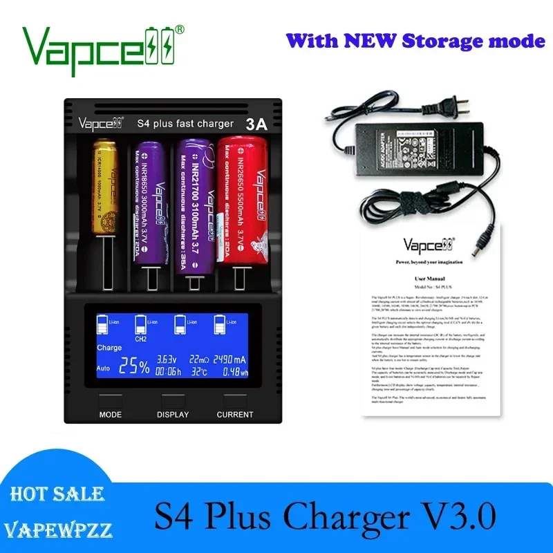 100% Original Vapcell S4 Plus Fast Charger V3 Version With Storage mode 12A Battery Charger for 18650 26650 21700 18350 AA AAA